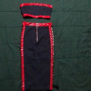 Jean and latex two piece skirt set